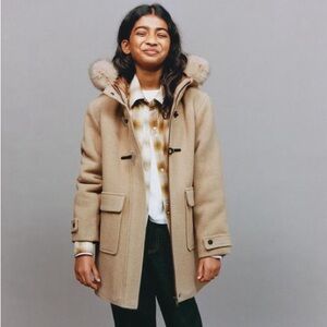 13-14Y. NWOT. Zara Kids Tan Coat with Faux Fur Hood
